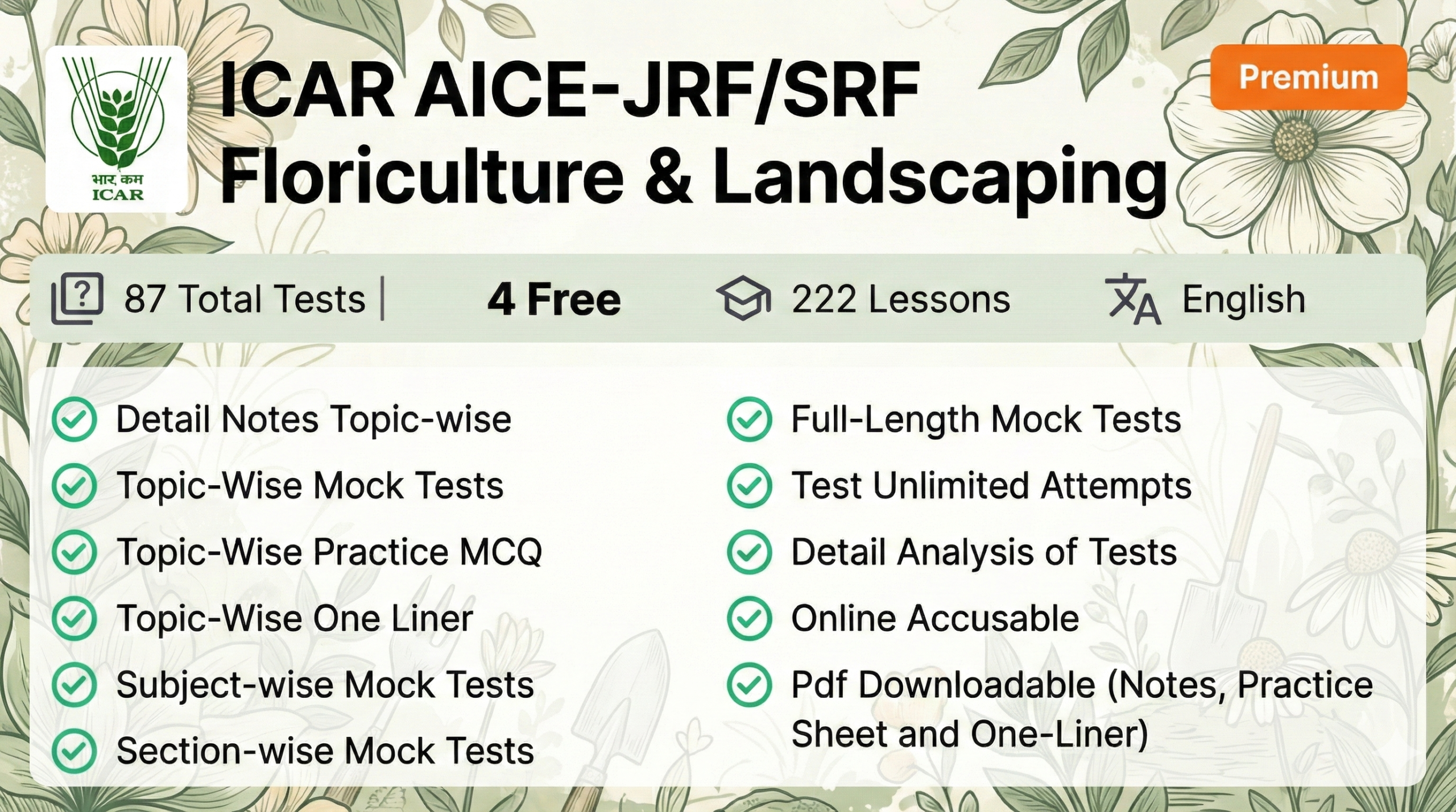 ICAR AICE-JRF/SRF Floriculture & Landscaping Notes, MCQ, Facts, and Mock Test Series