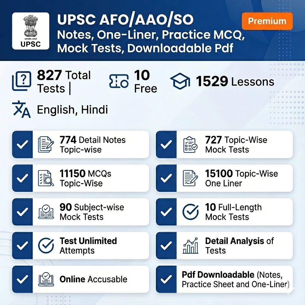 UPSC AFO/AAO/SO Notes, One-Liner, Practice MCQ, Mock Tests, Downloadable Pdf