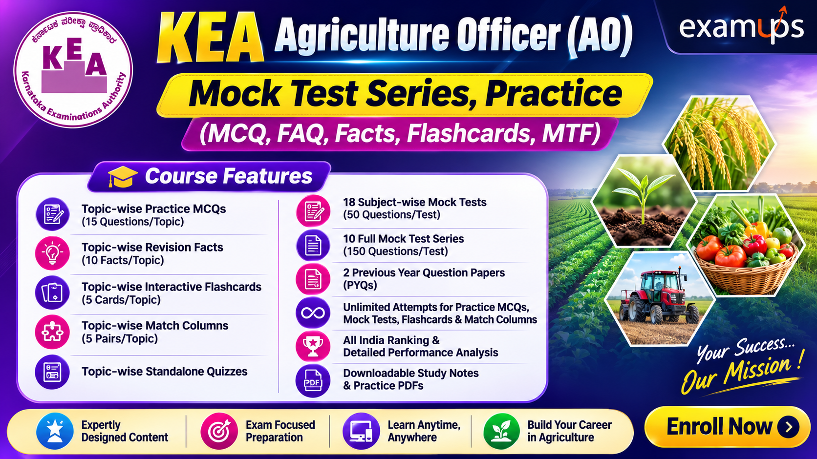 KEA Agriculture Officer (AO) Mock Test Series, Practice (MCQ, FAQ, Facts, Flashcards, MTF)