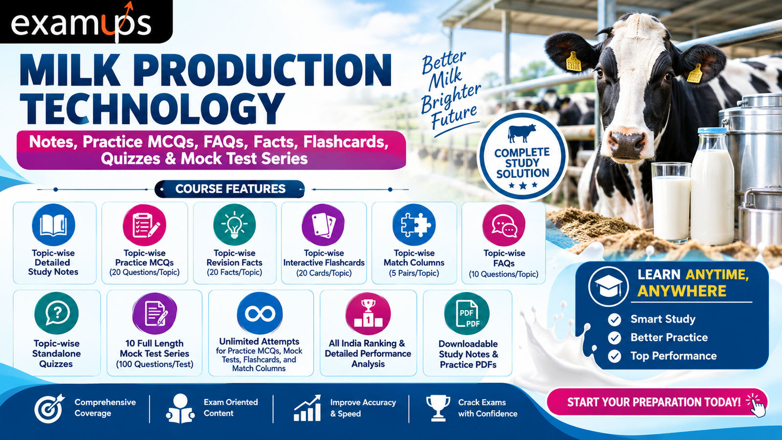 Milk Production Technology Notes, Practice MCQs, FAQs, Facts, Flashcards, Quizzes & Mock Test Series course thumbnail