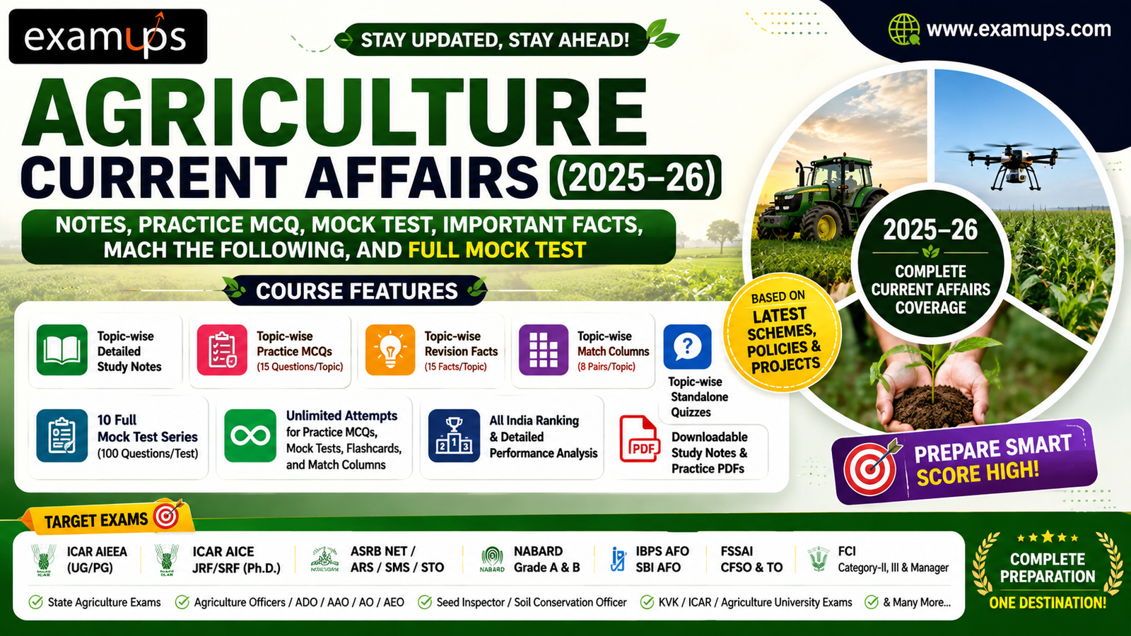 Agriculture Current Affairs (2025–26) Notes, Practice MCQ, Mock test, Important facts, Mach the following, and Full Mock Test